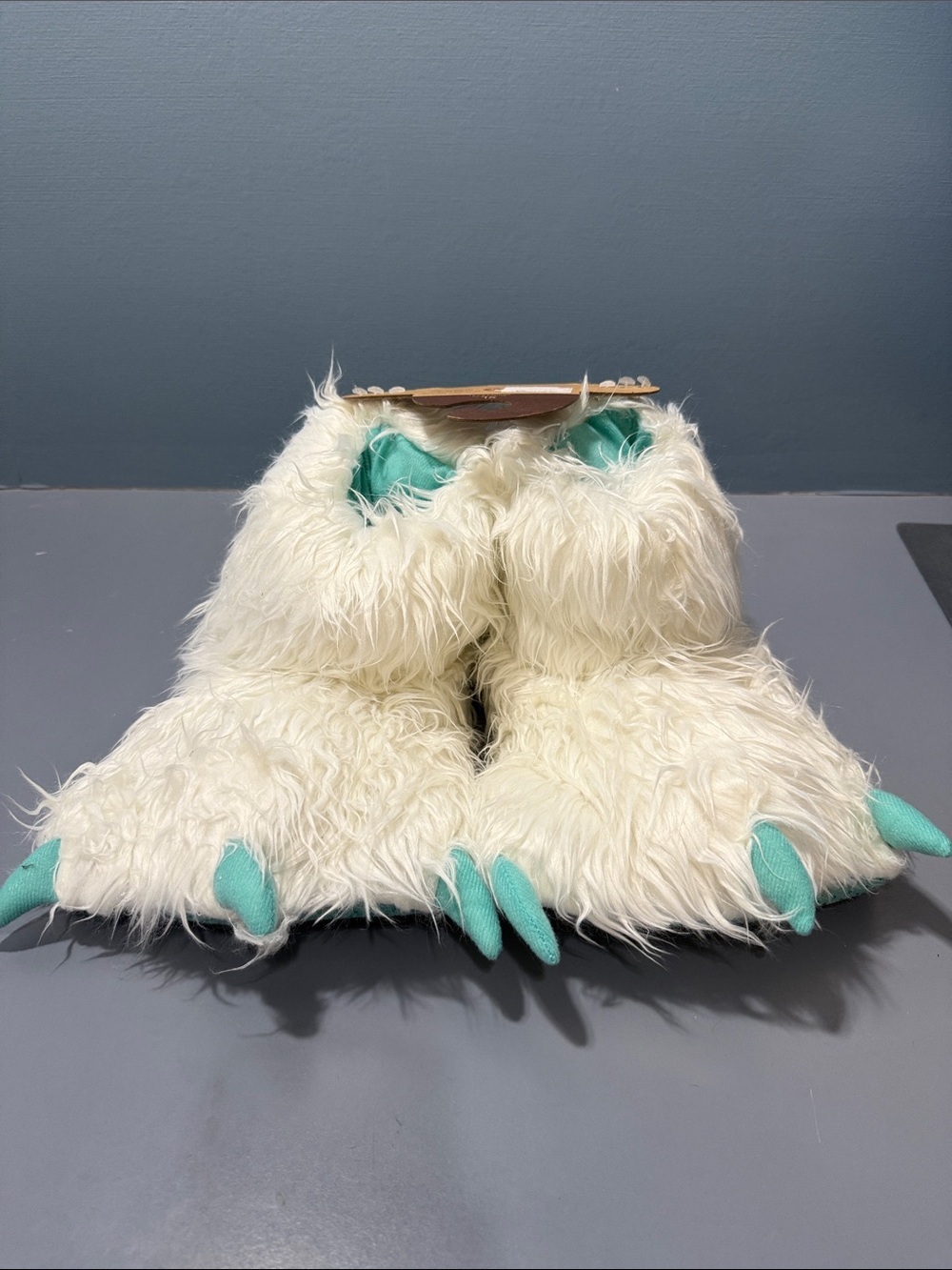 Lazy One White Fuzzy Monster Slippers with Teal Claws